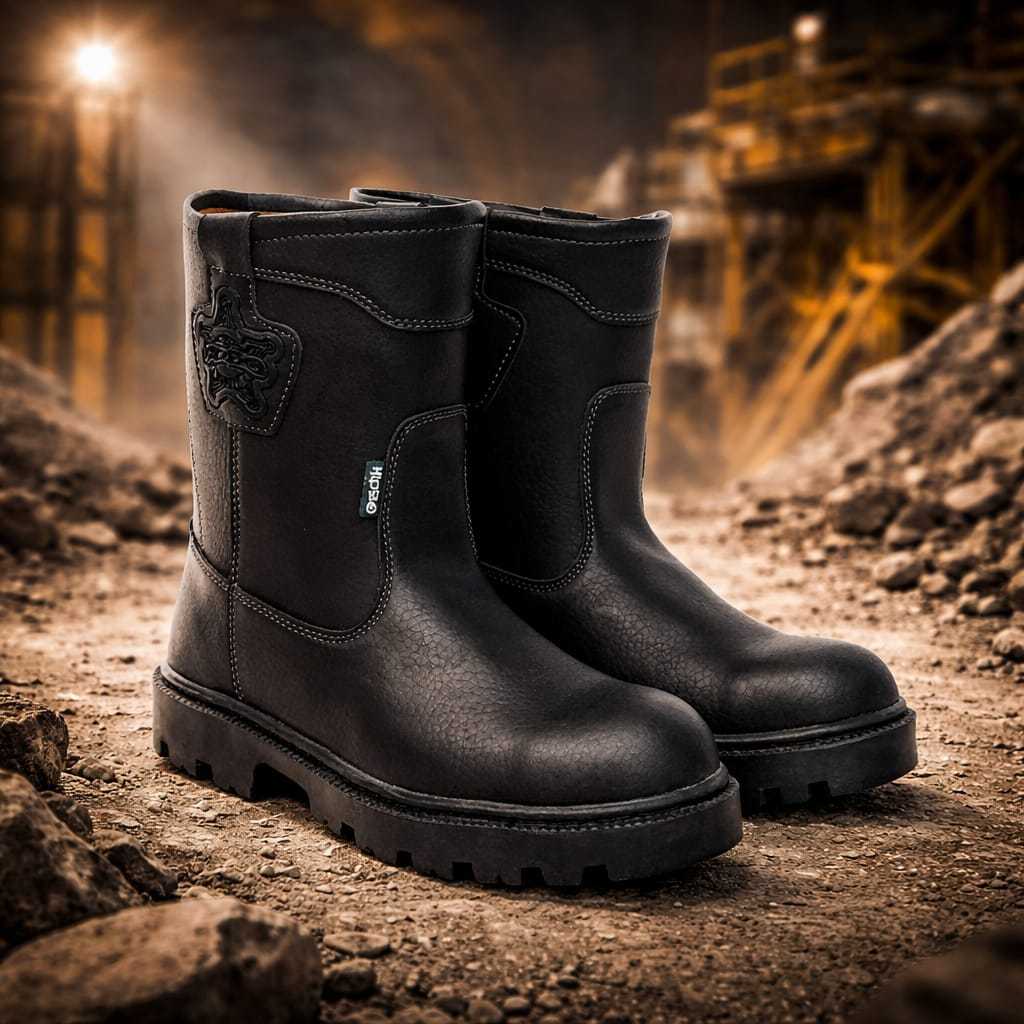 Safety Boots Pria Slip On Ujung Besi M.56 Anti Paku Sol Tebal Anti Licin Tahan Air Sepatu Kerja Proy