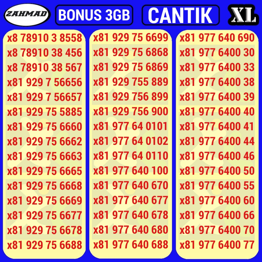 XL-A) NOCAN XL BONUS KUOTA kartu perdana nomor cantik triple AABB ABAB murah