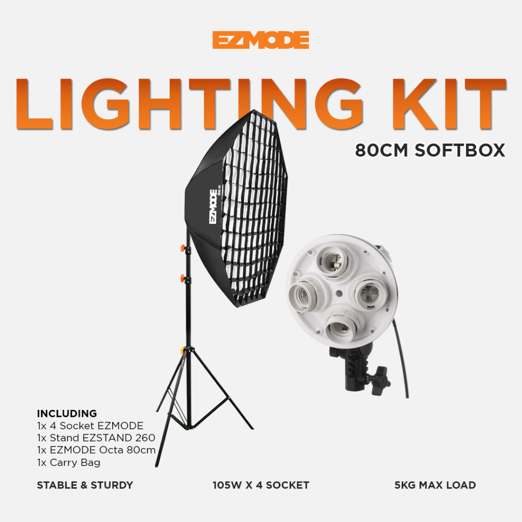 EZMODE Studio Lighting Stand + 4 Socket Octagon Softbox 80cm with Grid