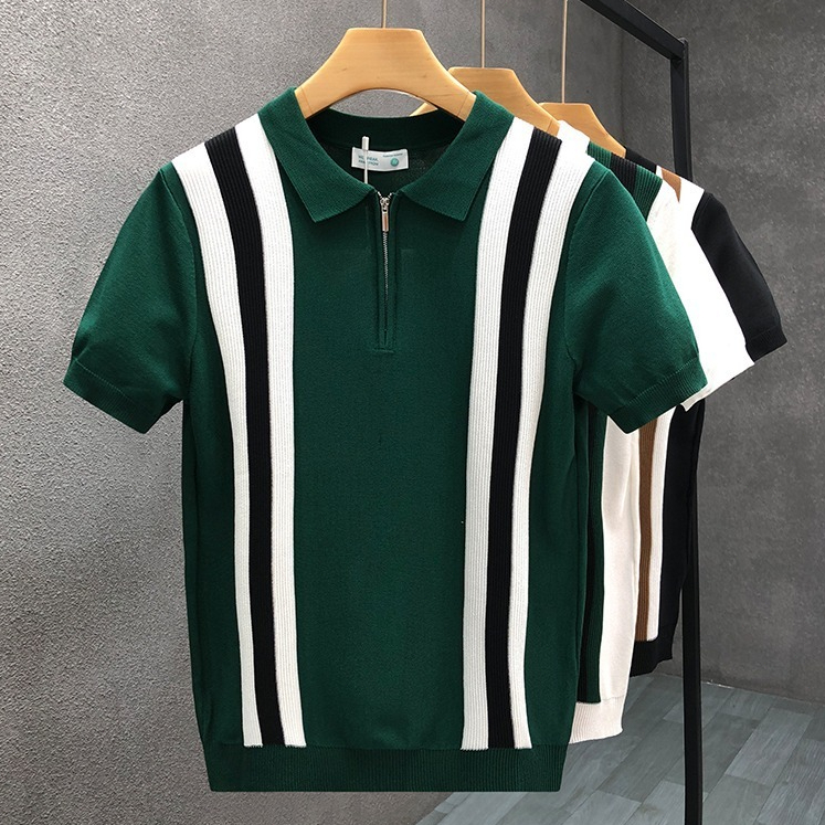 Polo Pria Rajut Premium Import | Kaos Polo Pria Half Zipper Garis | Baju Pria Elegan & Casual | Size