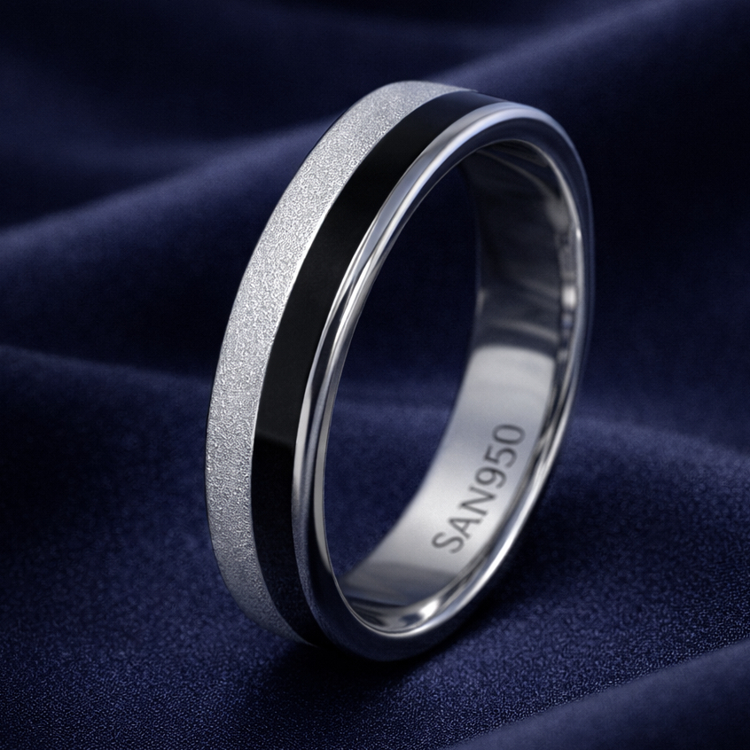 Cincin Nikah Pria Inlay Hitam SAN950 P707 - Platinum Palladium Perak950 | Ring Tunangan Premium