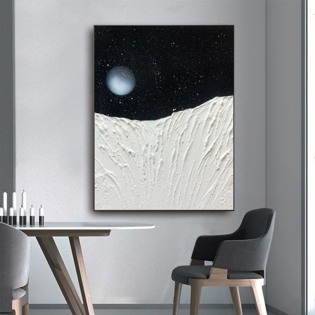 lukisan dinding abstrak gunung hitam putih aesthetic bertexture timbul –lukisan siap pajang