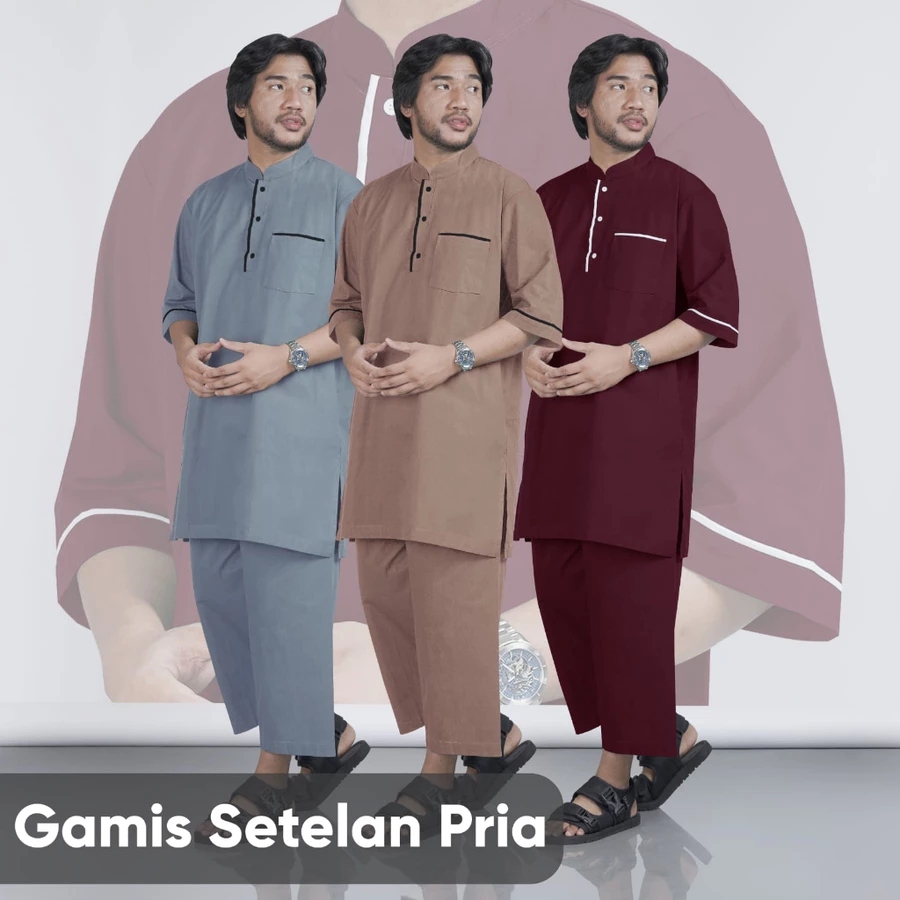 Setelan Baju Muslim Pria Lengan Pendek Banyak Warna - Gamis Qomishu - Koko Pria Qomishu - QMGS V2