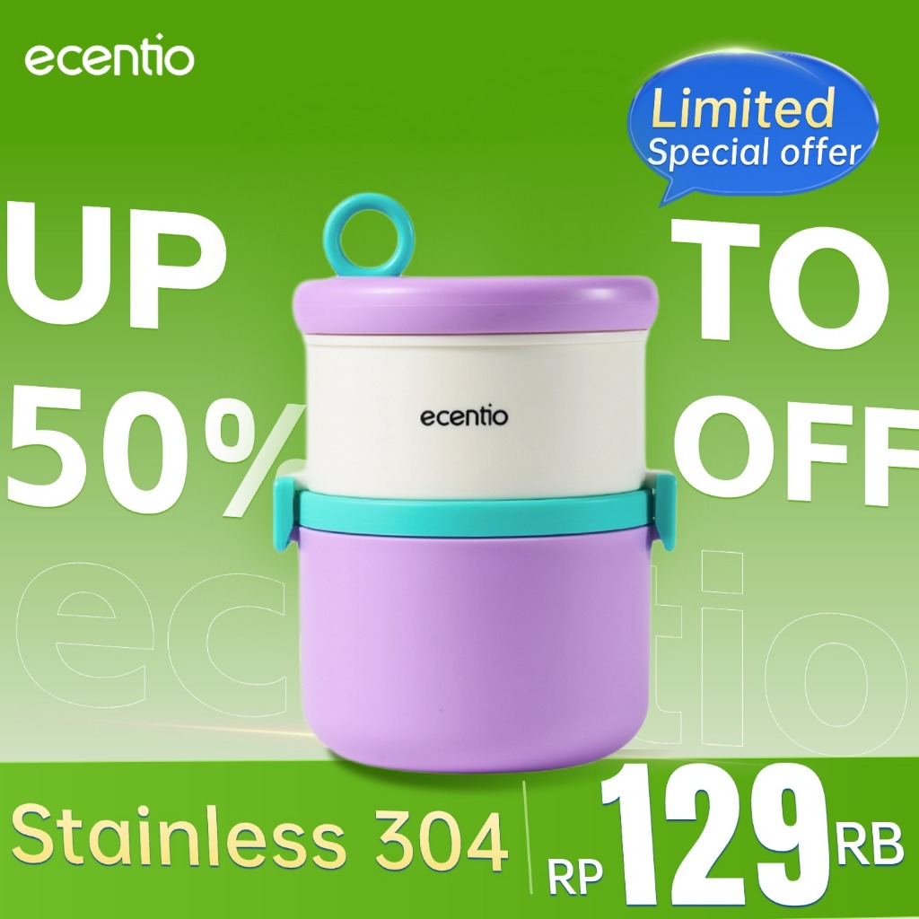 ecentio Kotak bekal stainless steel Double layer 730+550ml lunch box Tahan bocor Anti campur rasa Wa