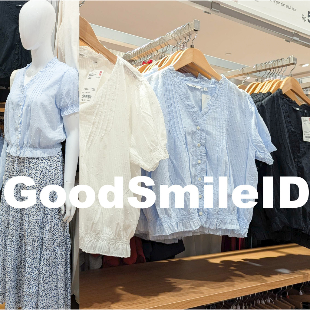 NEW Women Blus Katun Dobby Kerah V Neck Lengan Pendek Kemeja Wanita UNIQLO