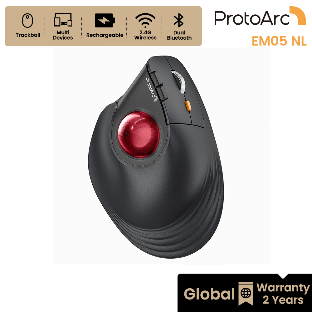 ProtoArc EM05 NL Trackball Mouse Wireless 2.4G + Dual Bluetooth Ergonomic Vertical Rechargeable - Ga