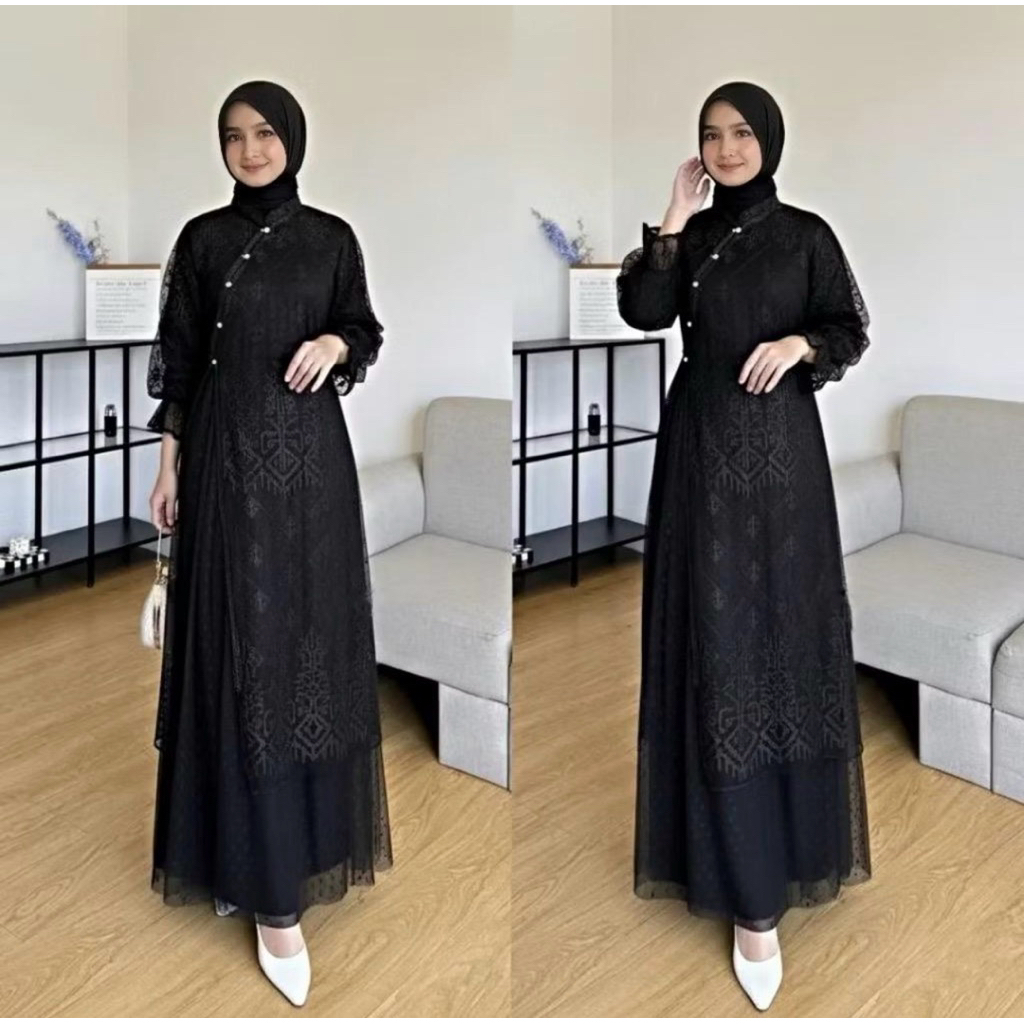 Mahira Dress Gamis Kondangan Model Brukat Premium Wanita Terbaru Mewah Elegant Bahan Velvet kombinas