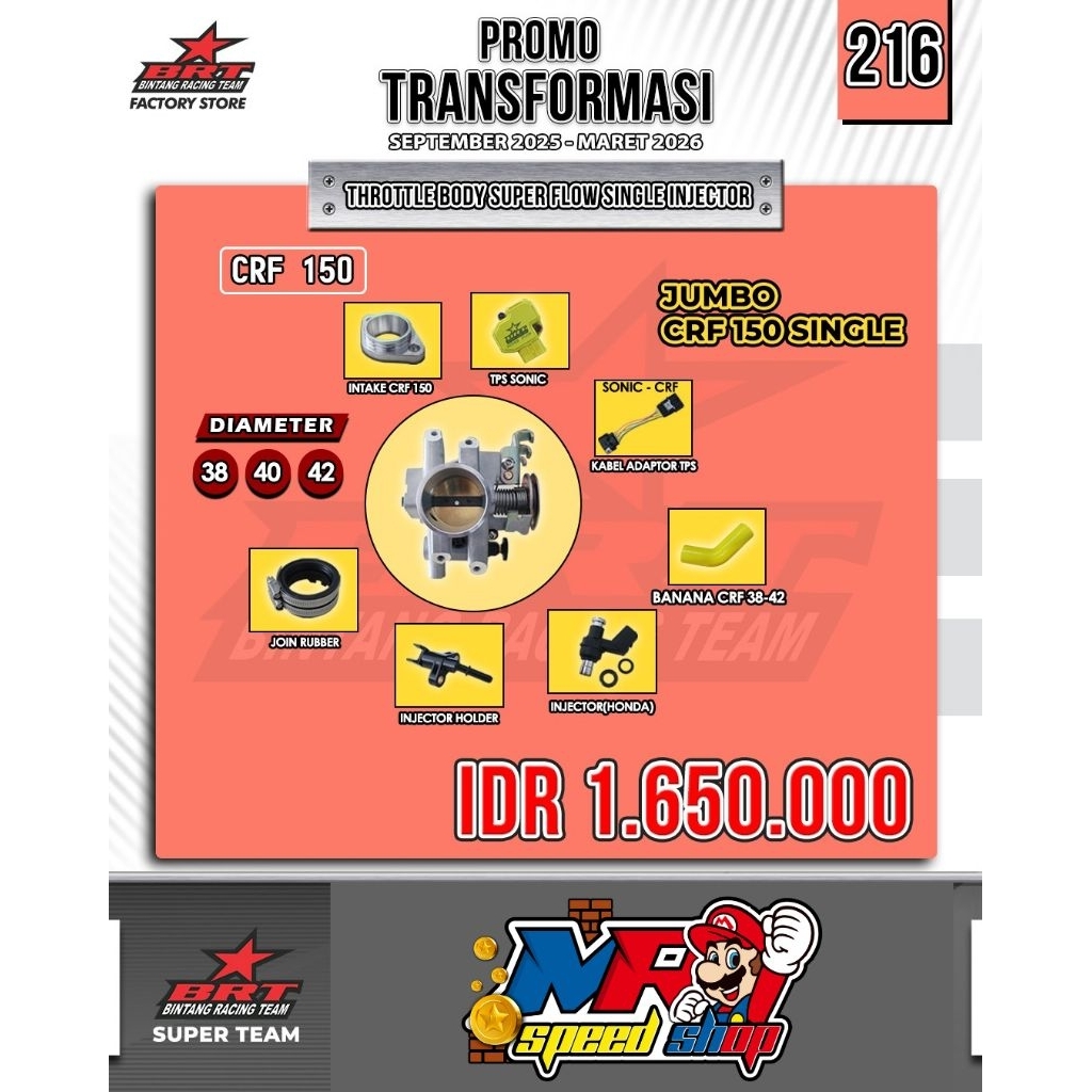 TB THROTTLE BODY BRT HONDA CRF 150 SINGLE INJECTOR 32MM 33MM 34MM 36MM