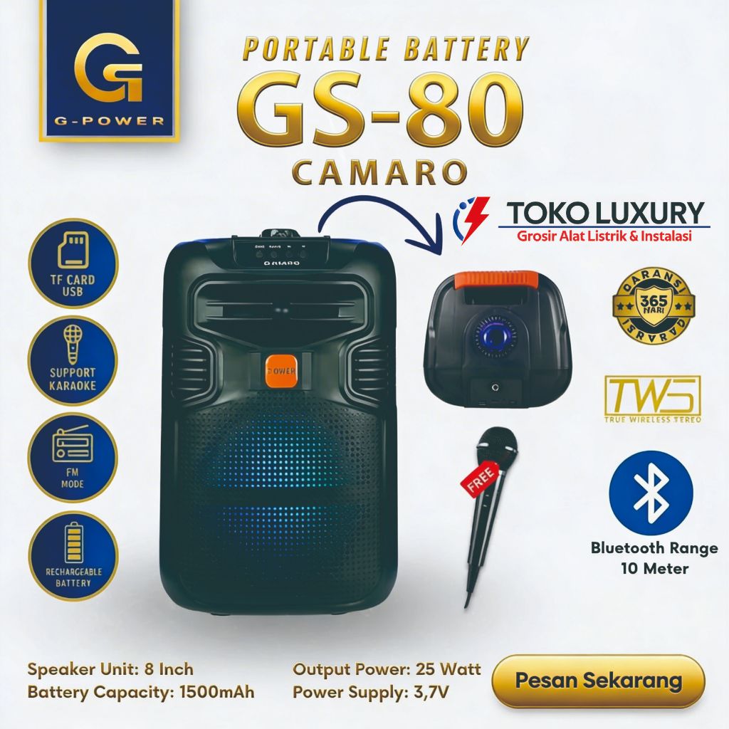 Speaker Bluetooth Portable GS80 GPower Speaker Karaoke 8 Inch Speaker Aktif Portable + Mic GS-80 Cam
