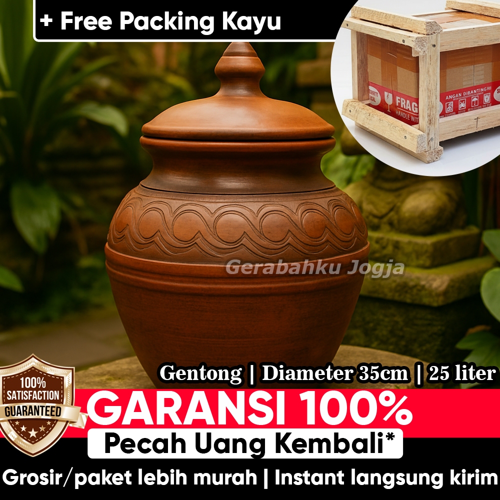 [Packing Kayu] Gentong Jumbo Besar Tanah Liat Tempat Beras Genthong Diameter 35cm | 25 Liter Air - 1