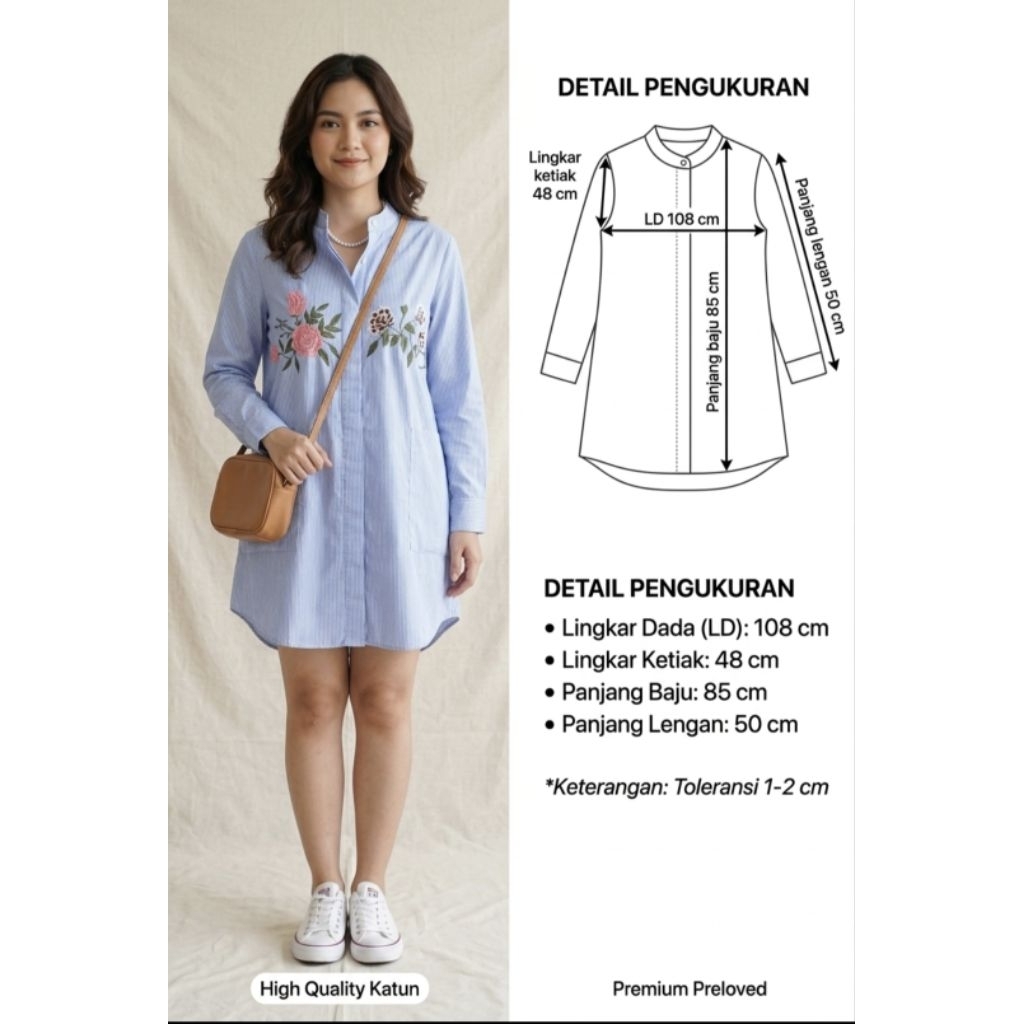 Tunik Kemeja Warna Executive Design Stripe Biru Putih Bordir Bunga