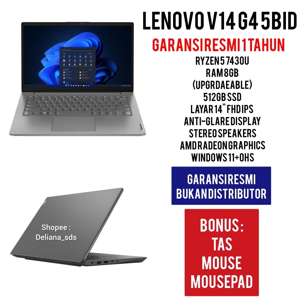 Laptop Lenovo V14 G4 5BID Ryzen 5 7430U 8GB/512GB 14" FHD IPS Garansi Resmi 1 Tahun Laptop Lenovo Ry