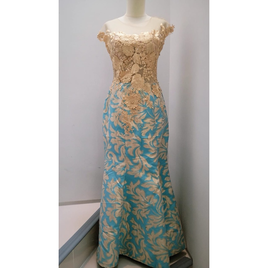 Pre-Loved! Gold Blue Batik Evening Gown Dress Gaun Pesta Batik