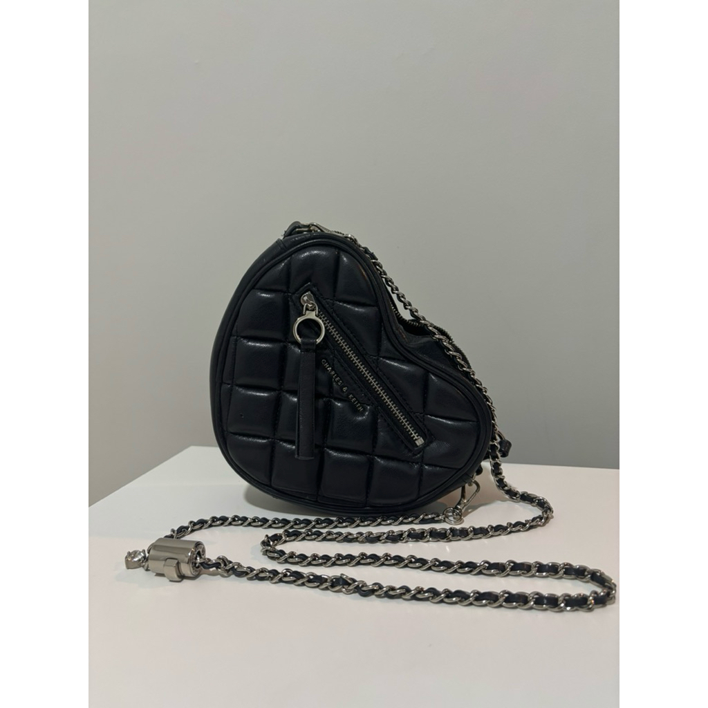 Charles and Keith Paffuto Quilted Heart Crossbody Bag - Black - Official Ori Tas Preloved