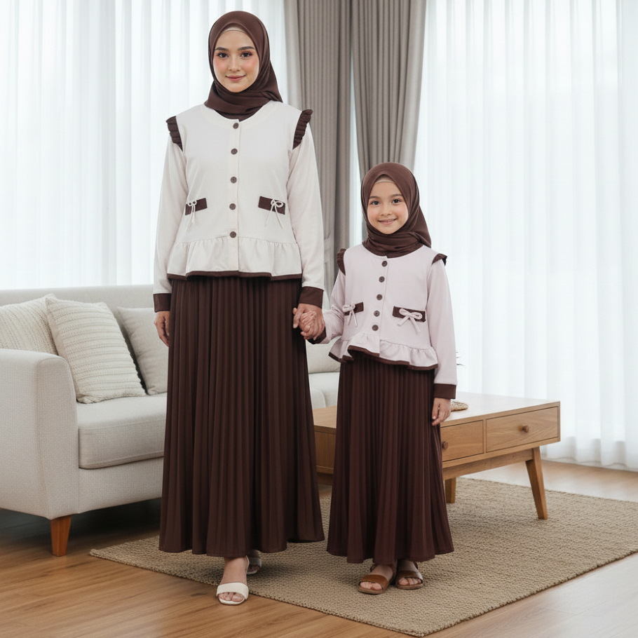 Najwa - LANGSUNG KIRIM Rumasa Oneset Couple Ibu dan Anak Cardigan Pita dan Dress Plisket / Fashion C
