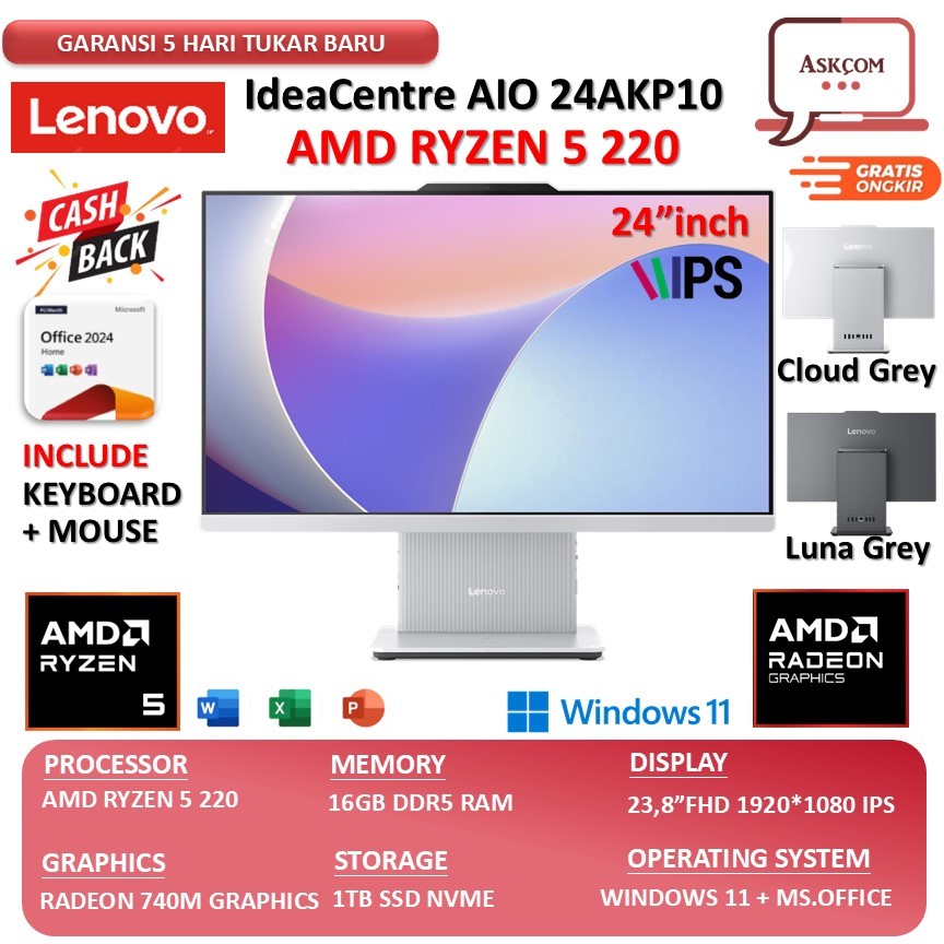 Lenovo AIO IDEACENTRE 24 RYZEN 5 220 ram 16GB 512GB SSD 23.8FHD IPS Windows 11+OHS+M365B -0AID