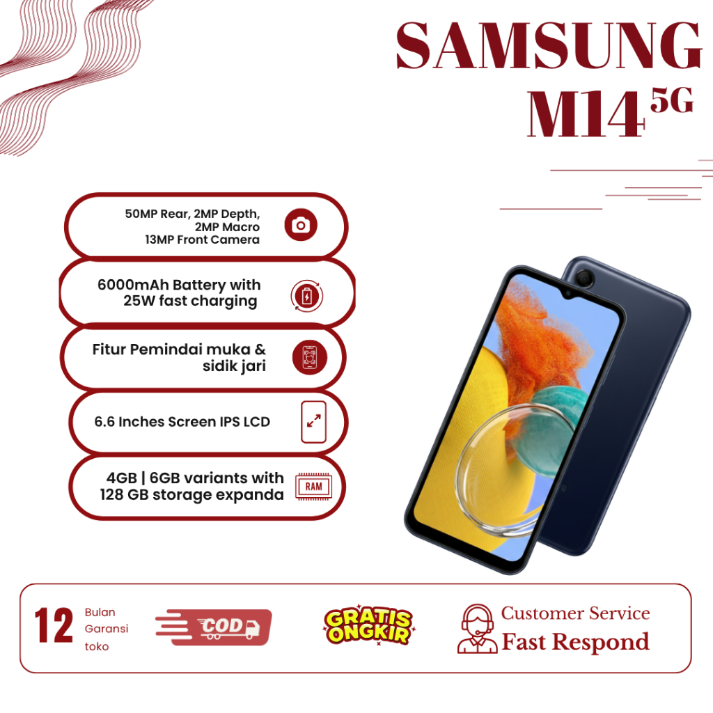 HP samsung M14 5G RAM 6GB ROM 128GBLayar 6.6” FHD+ 90Hz, Kamera 50MP, Baterai 6000mAh Super Awet Gar
