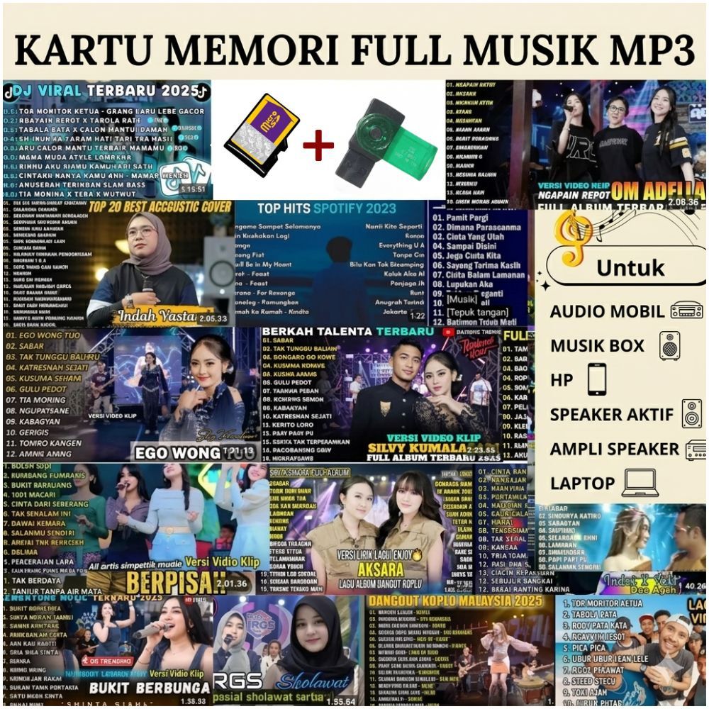 Kartu Memori / MicroSD + USB Crad reader isi Full 60 Album Musik MP3 Ribuan Lagu Terpopuler