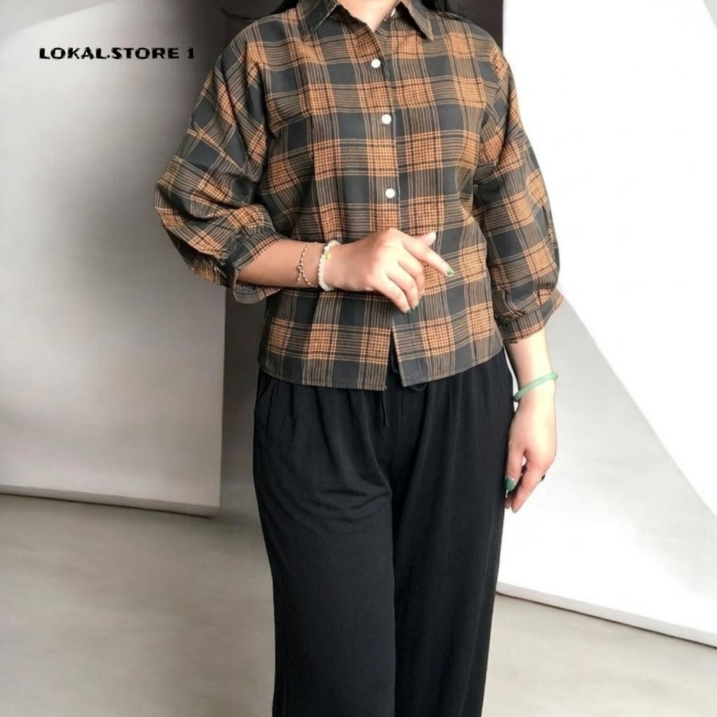 Kemeja Wanita Flanel Kotak Coklat Hitam Lengan Balon 3/4 Casual Korean Style