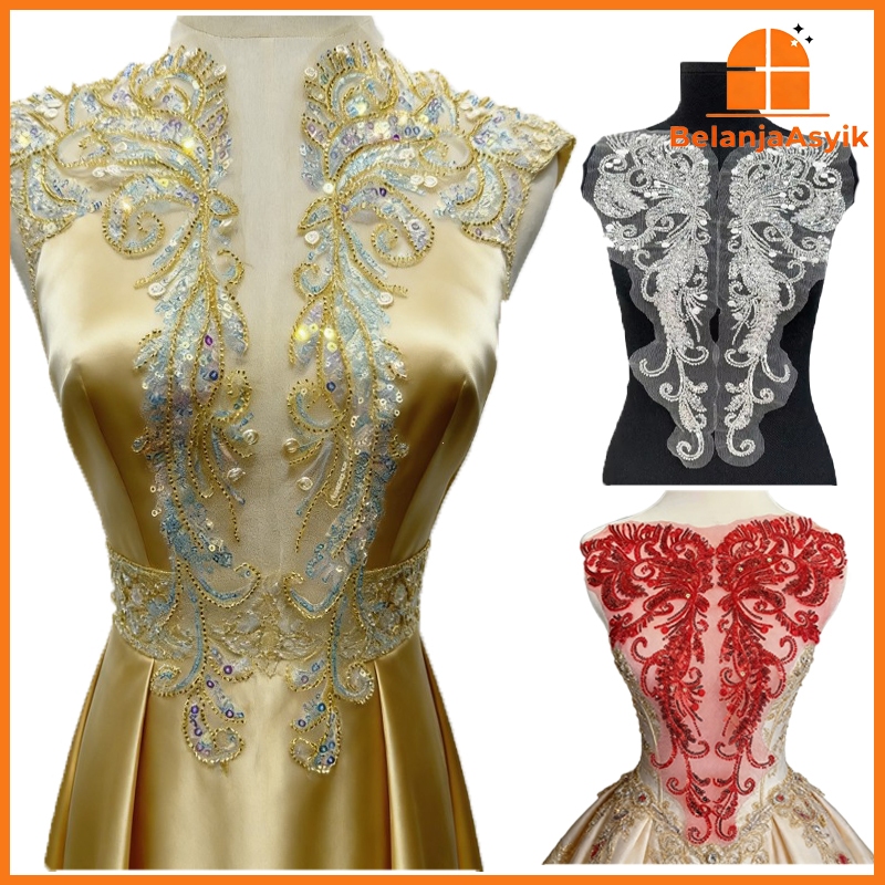 2pcs Renda Bordir Kerah Aksesoris Gaun Pesta Mewah Payet Kristal Wedding Lace Untuk Gaun Pengantin D