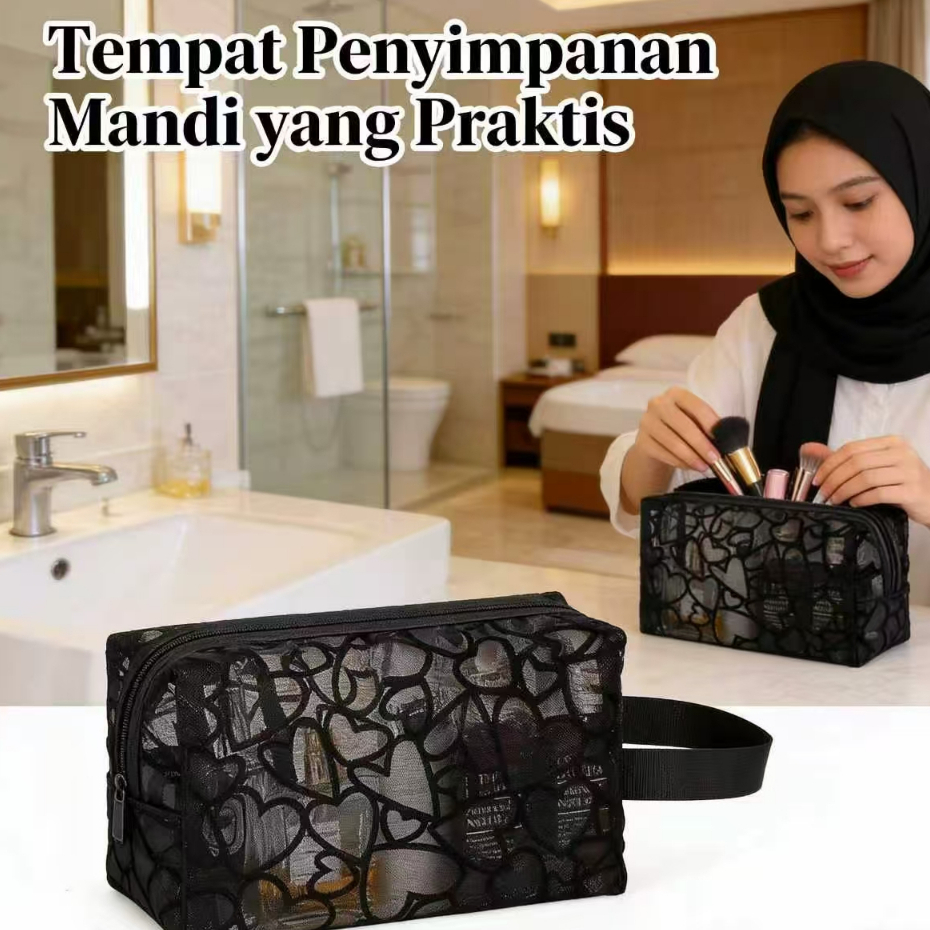 Tas Kosmetik Transparan Anti Air Kapasitas Besar  Preloved Biru Hitam Original Minus Sperti