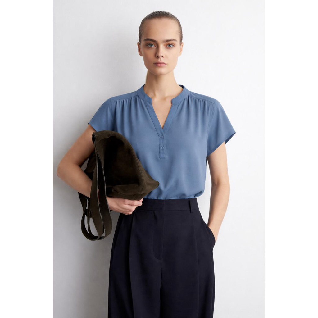 Banana Republic Blue Plunge V Neck Shirt Short Sleeve Batwing Satin Kemeja Biru Lengan Pendek
