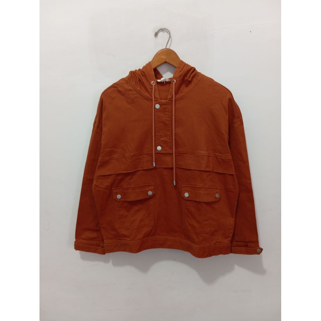 jaket hoodie denim wanita quarter zipper Kuose terracota