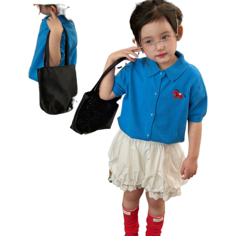 Mentari Kecil Kardigan rajut lengan pendek, kemeja polo gaya Korea untuk balita