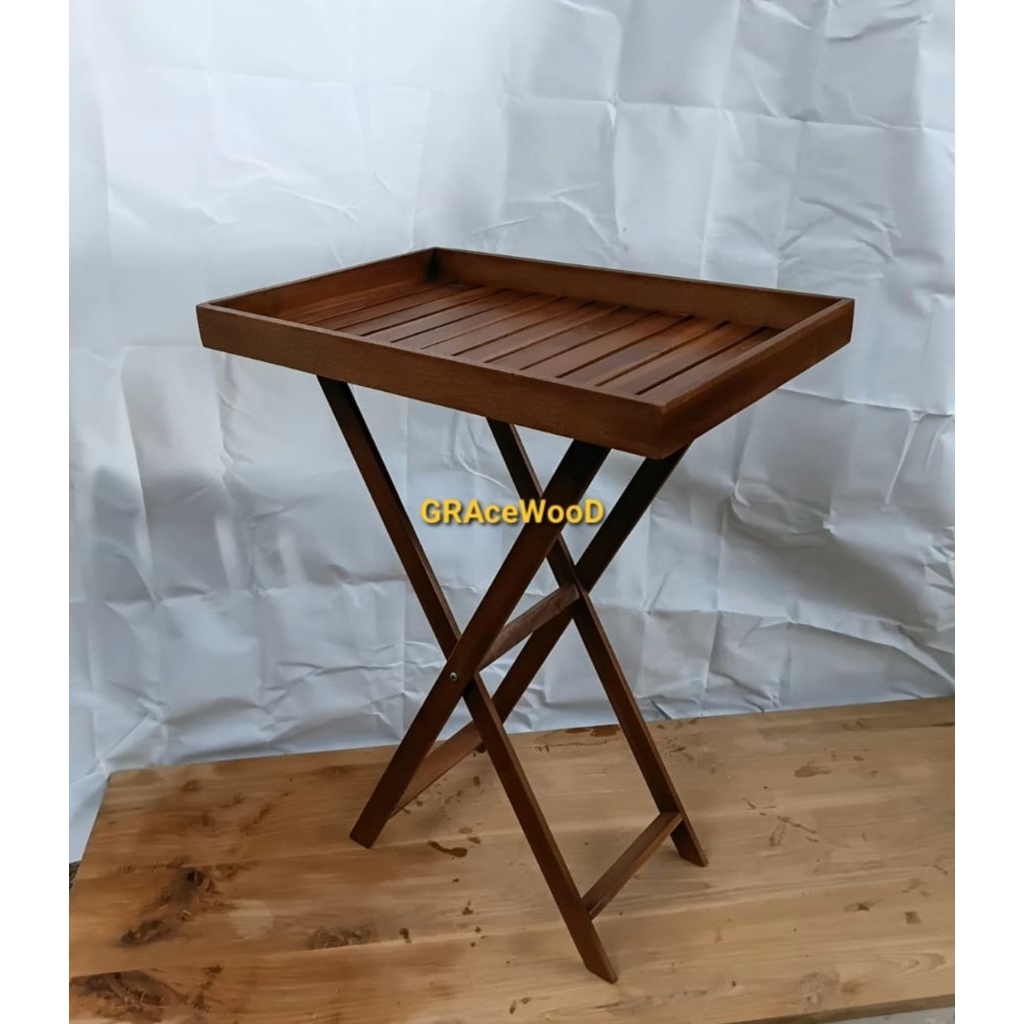 Standing Tray 50x34 tinggi 60cm / stand nampan kayu Jati / Side Table Portable / Lamp Table lipat