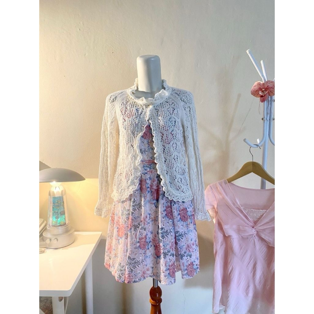 Dress one set, outer rajut | Mori kei, floral, fairy, vintage