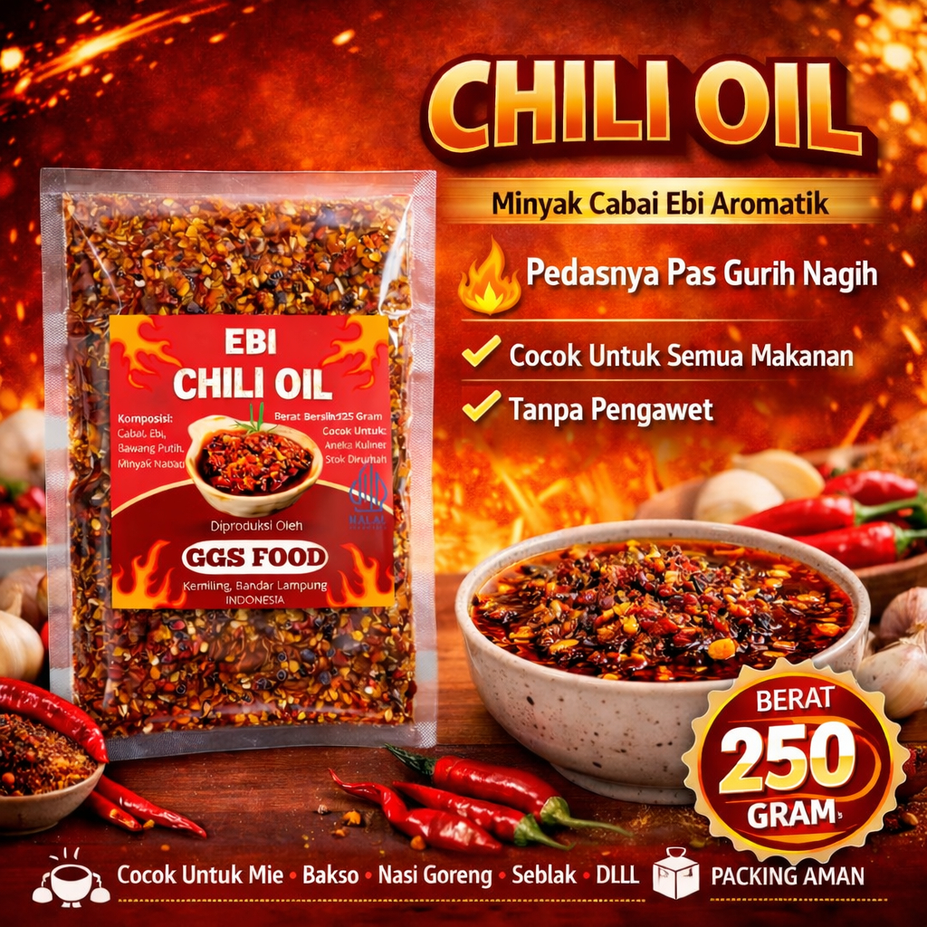 CHILI OIL Pedas Gurih 250g – Sambal Minyak Cabai Halal – Cocok Untuk Mie, Nasi Hangat, Dimsum, Goren