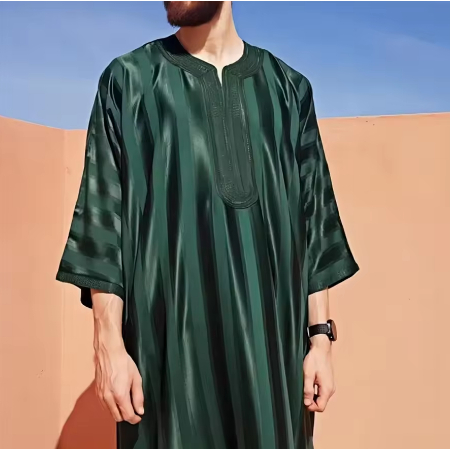 2025 New Men Muslim Abaya Islamic Clothing Men's Embroidered Striped Jubba Thobe Moroccan Dubai Kaft