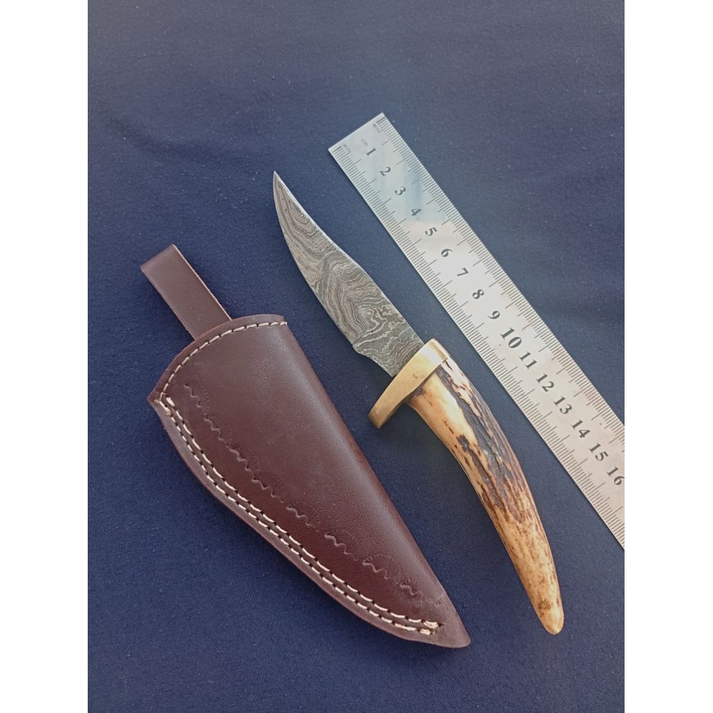 Pisau Baja Damascus Import Gagang Tanduk Rusa Asli