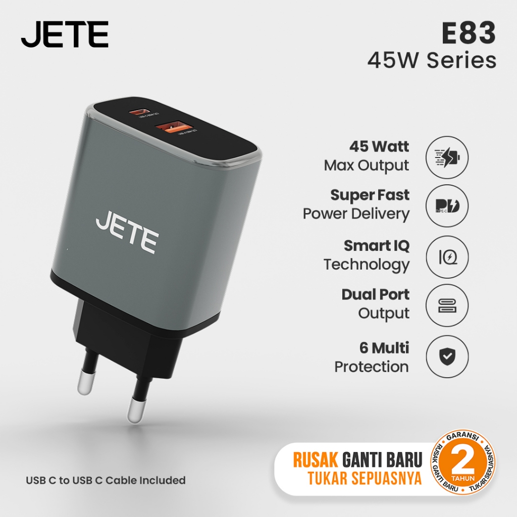 JETE E83 Kepala Charger 45W 65W Adaptor 2 Port Fast Charging USB A USB C Travel Power Adapter Free K