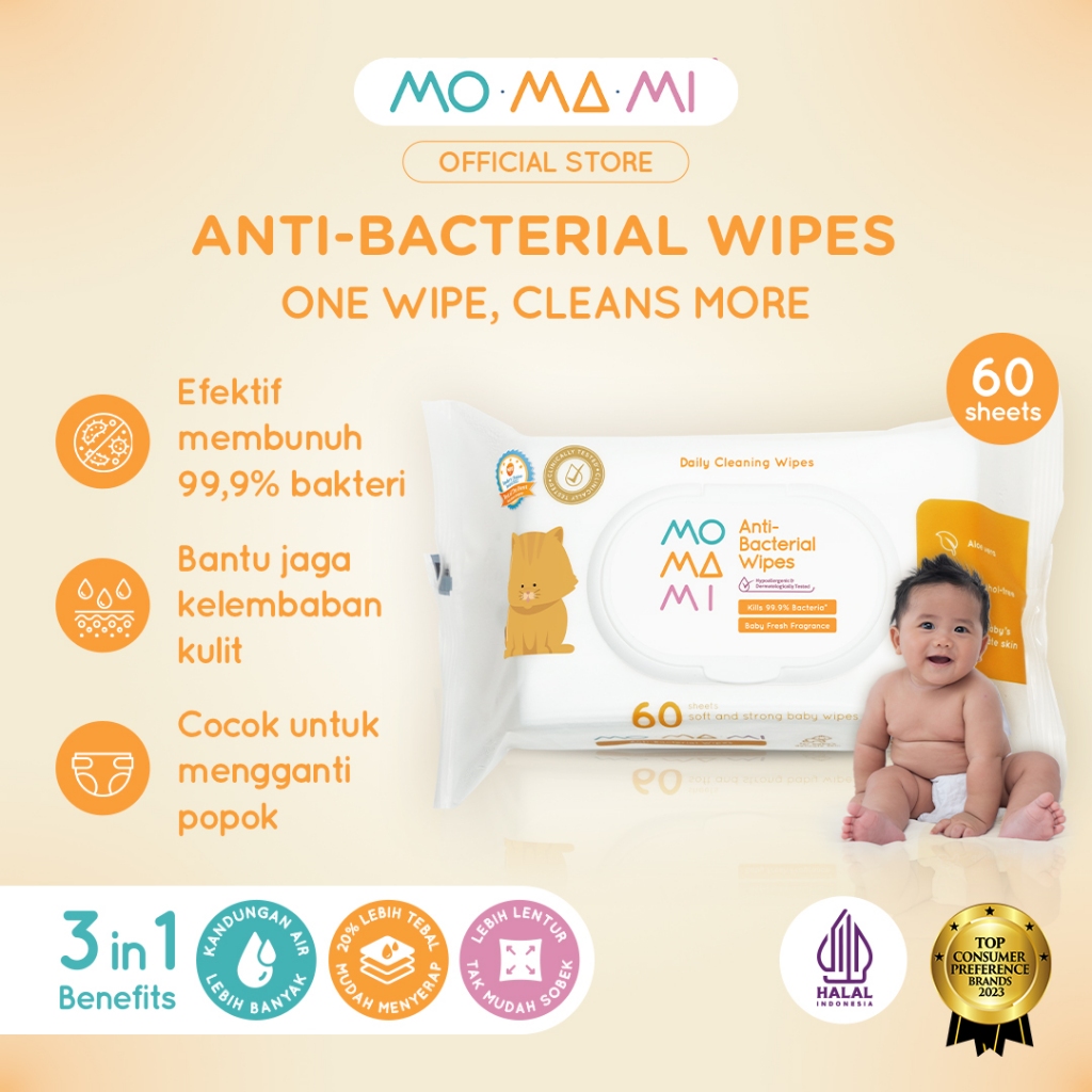 Momami Anti-Bacterial Wipes Baby Wet Tissue - Tisu Basah Tebal Anti-Bakteri Ganti Popok Bayi 60 Lemb