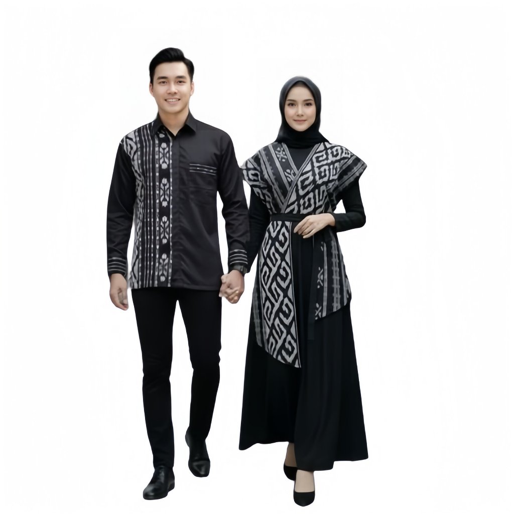 Baju Tenun Couple Hitam Modern Outfit Lebaran Kemeja dan Gamis Tenun Muslimah Elegan Etnik Eksklusif