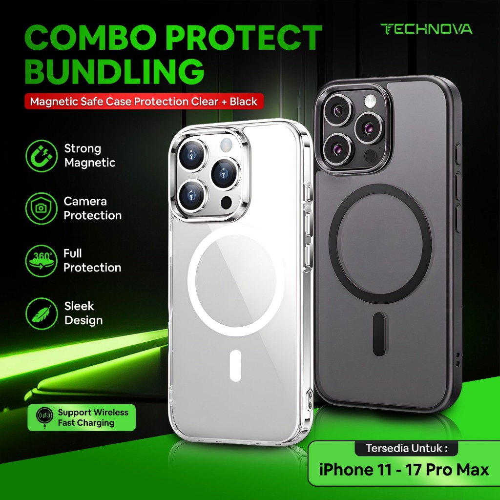 TECHNOVA Bundling MagSafe Case iPhone 11 12 13 14 15 16 17 Pro Max Magnetic Clear / Black Support Wi