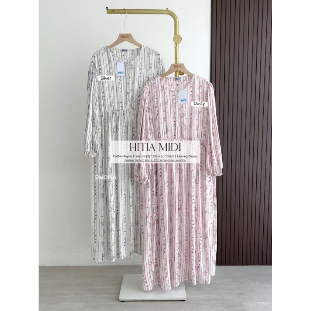 Hitia Midi Dress by Moela / Midi Dress Katun Rayon Premium Cutting Basic Lengan Puffy Baloon Kancing