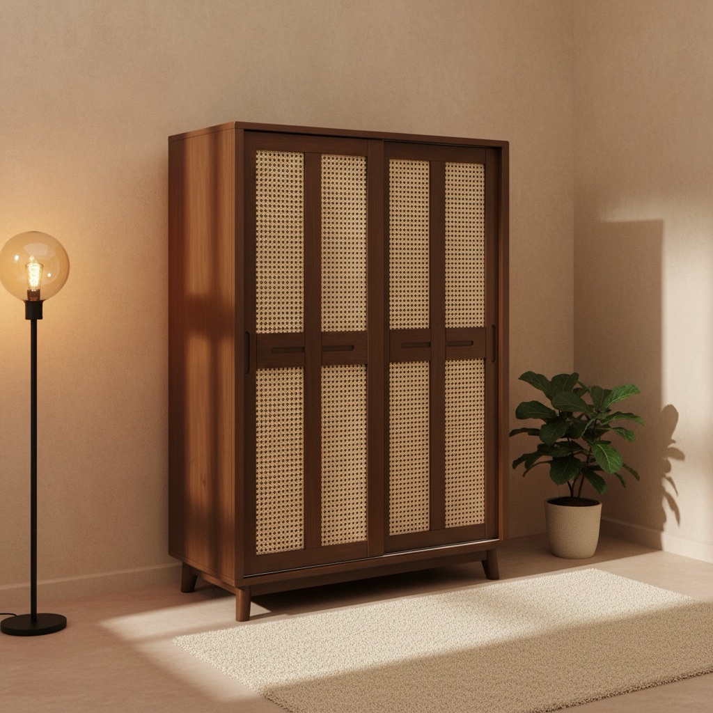 Lemari 2 Pintu Sliding / Lemari Jati 2 Pintu / Lemari Jati Kombinasi Rotan