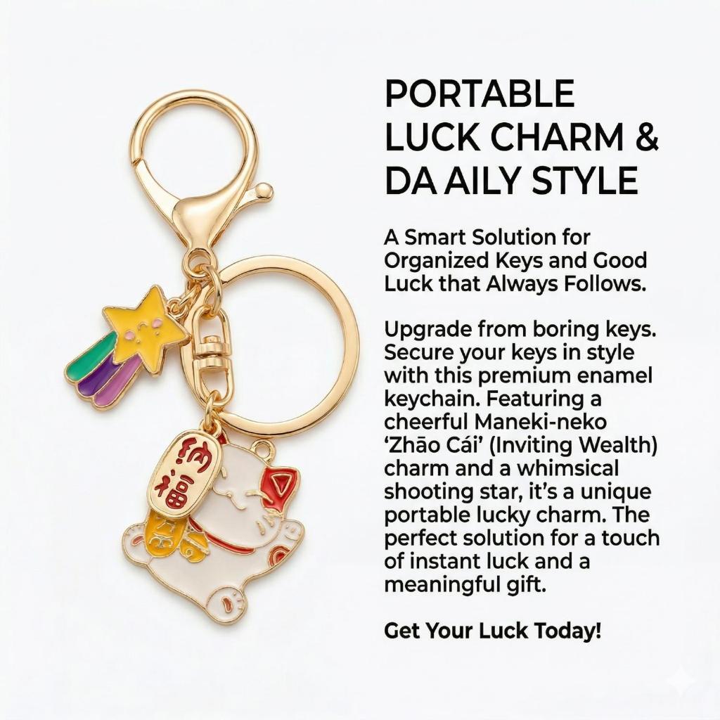 Gantungan Kunci Kucing Hoki Maneki Neko Logam Gold - Keychain of Luck, Fortune & Career