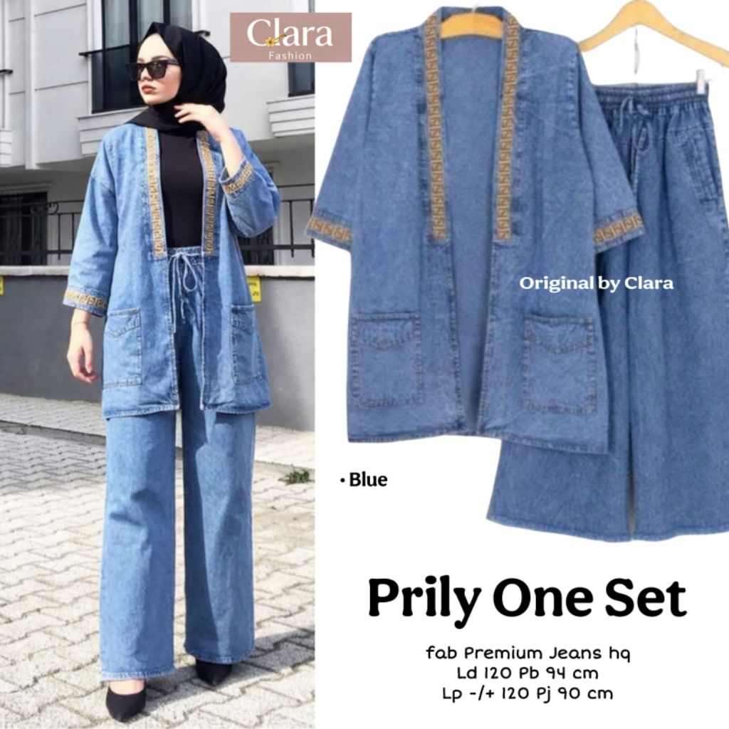 Prily One Set Setelan Jeans Wanita Terbaru One Set Denim Premium Kimono Outer Celana Kulot