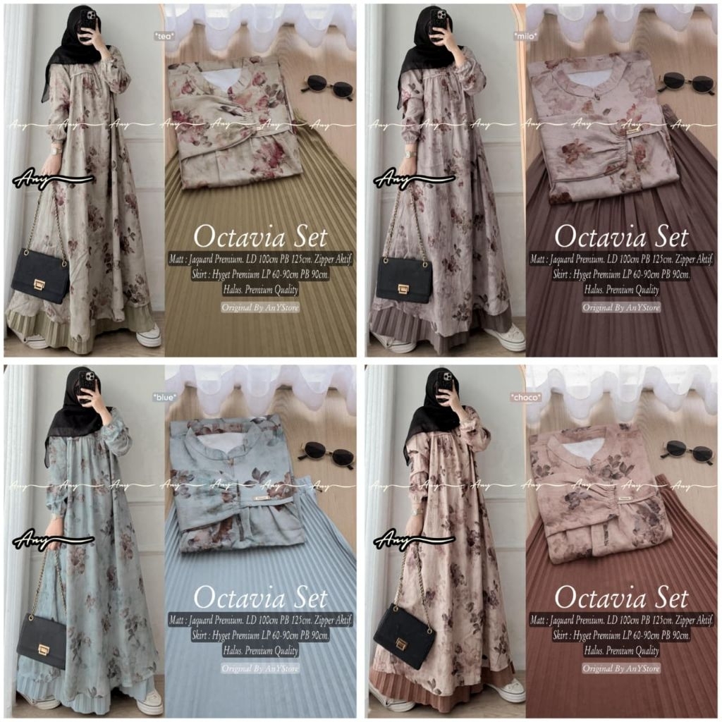 OCTAVIA ASTALIA ARASYA SET BY ANY STORE SET ROK PLISKET LONG TUNIK JAGUARD SATIN SILK MOTIF PREMIUM 