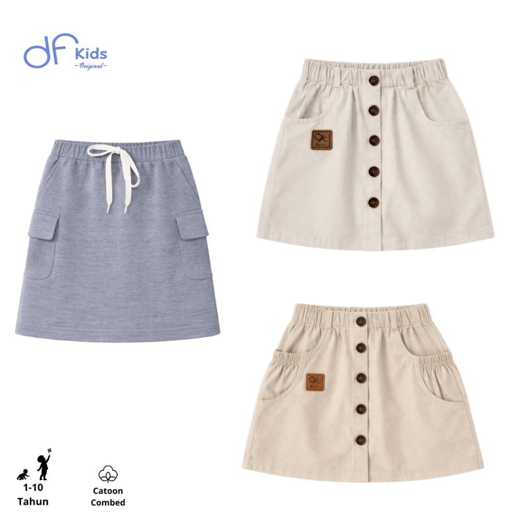 DFKids Rok Anak Kekinian 3 Warna | Cream, Mocca, Abu Abu | Import Quality Adem & Stylish
