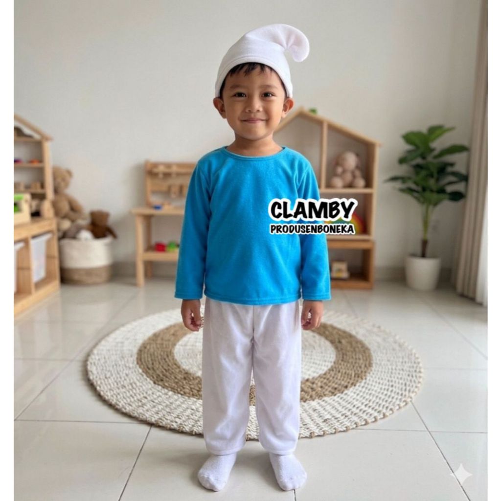 Set Baju The Smurfs Anak Laki Laki Perempuan | Kostum Karakter Smurf Cosplay Pentas Seni Free Topi