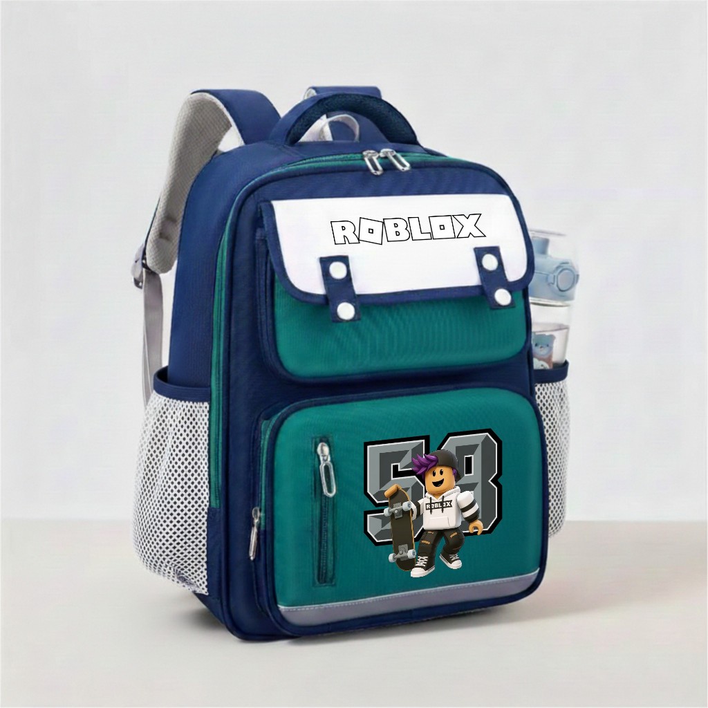 RAINDOZ - Tas Ransel Sekolah Anak Laki-laki SD SMP Backpack Cowok Cewek Navy Putih Roblox Skate 58 T