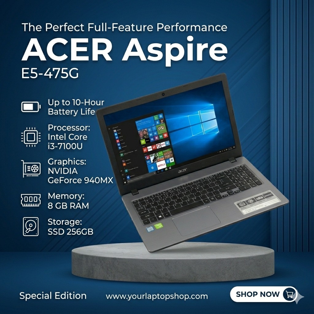 Laptop Acer Aspire E5-475G Intel Core i5-7200U NVIDIA GeForce 940MX Ram 8Gb Ssd 256Gb Normal Siap Pa