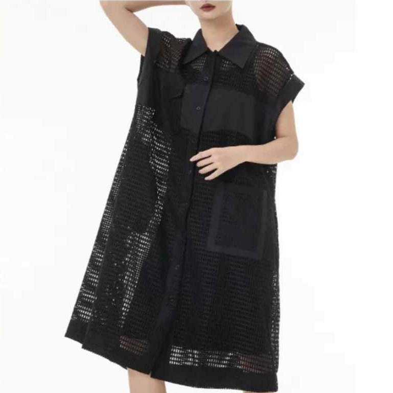 Aink Bandung Kemeja Blus Jaring Panjang Wanita Oversize Mesh Hitam Putih Kekinian