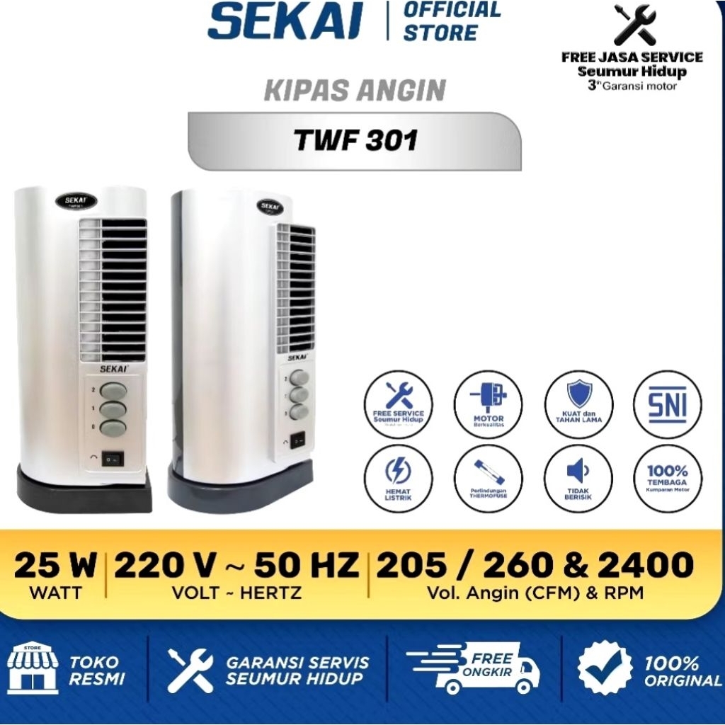 SEKAI TWF 301 Kipas Angin Menara / Tower Fan Portable Mini 3 Inch - Putaran 90 Derajat - Hemat Listr