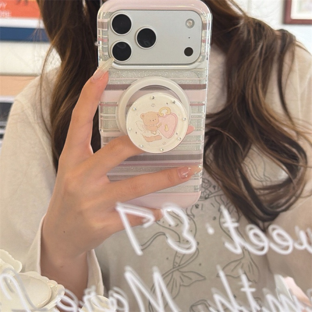 GLEAMSWEAR.ID | CUTE STRIPED PINK BEAR MAGSAFE POPSOCKET CASE IPHONE 13 14 15 16 17 PRO PROMAX