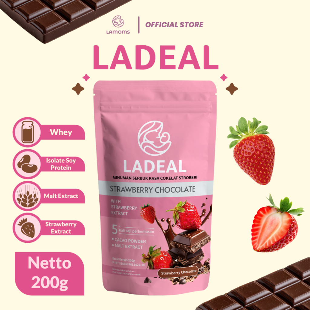 Ladeal Coklat Stroberi - Minuman Bubuk Whey & Isolat Protein Kedelai - 200gr